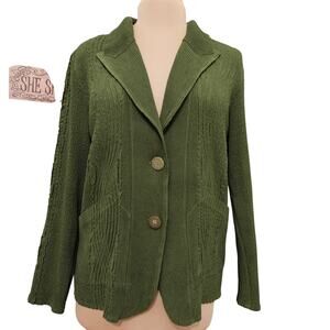 Opulent Textured Knit Sweater Cardigan Large Olive Green Casual Comfy Warm Cozy